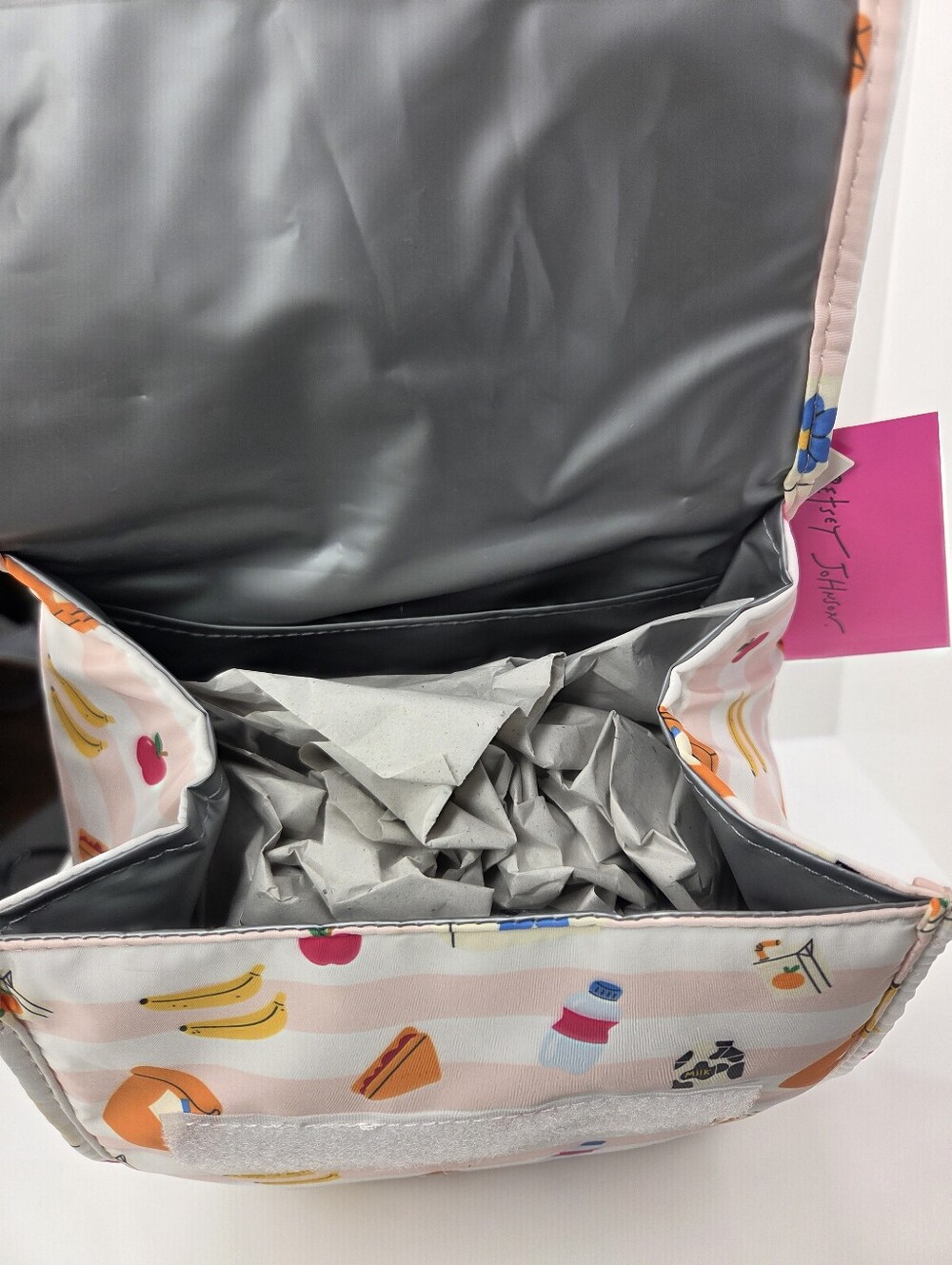 💕▪️Betsey Johnson ▪️Pink Striped Flap Top Lunch Bag with Fruit & Snack Print - Picture 6 of 6